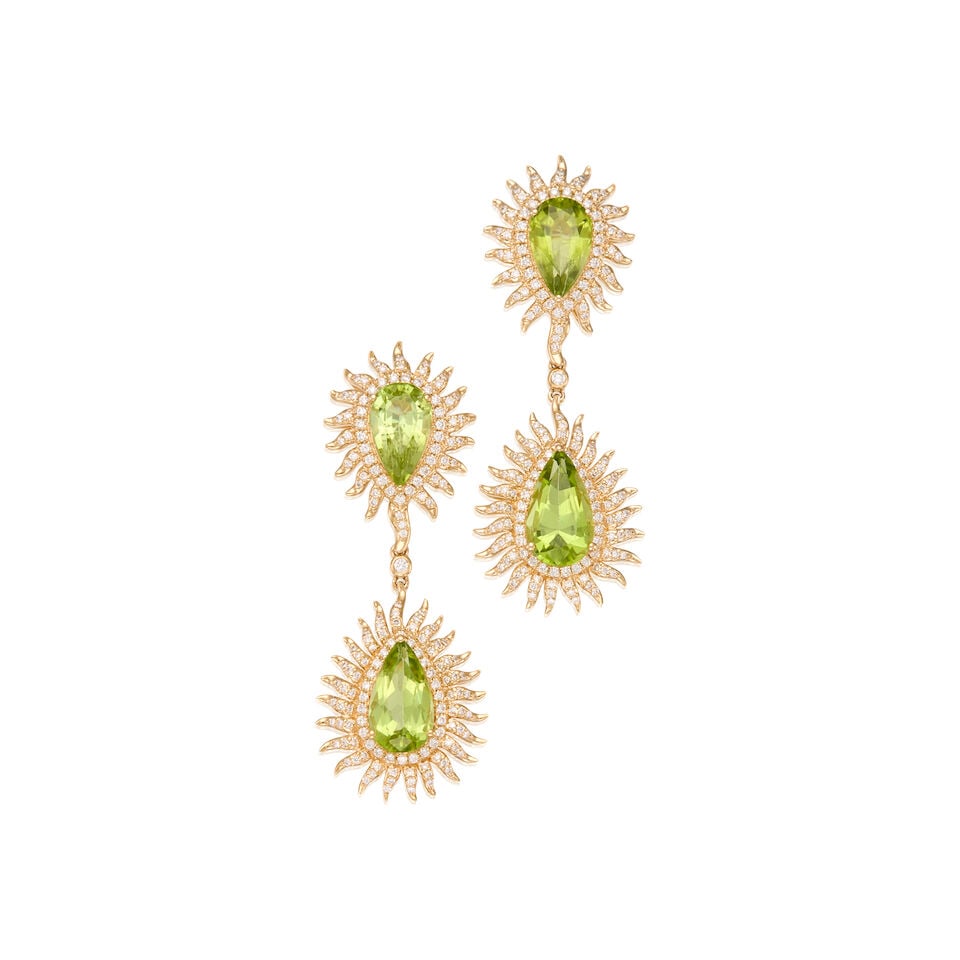 14K YELLOW GOLD, PERIDOT AND DIAMOND EARRINGS: 14K YELLOW GOLD, PERIDOT AND DIAMOND EARRINGS • Four pear shaped peridot weighing approximately 5.20 carats total • Numerous round brilliant cut diamonds weighing approximately 0.88