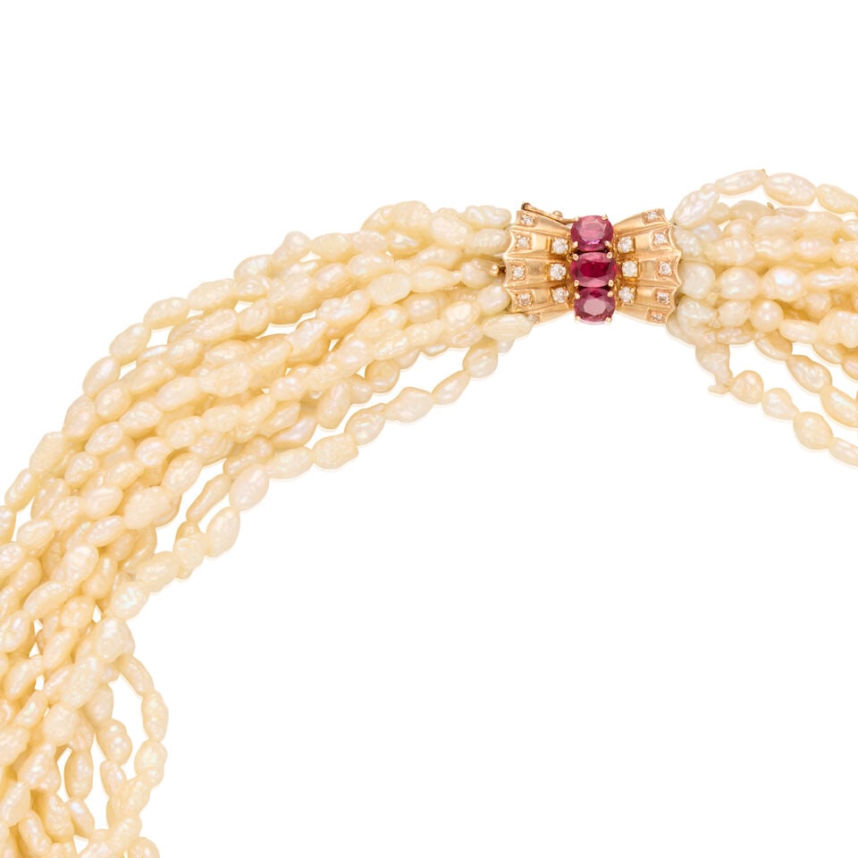 14K YELLOW GOLD, RUBY, DIAMOND AND CULTURED PEARL STRAND NECKLACE - 2