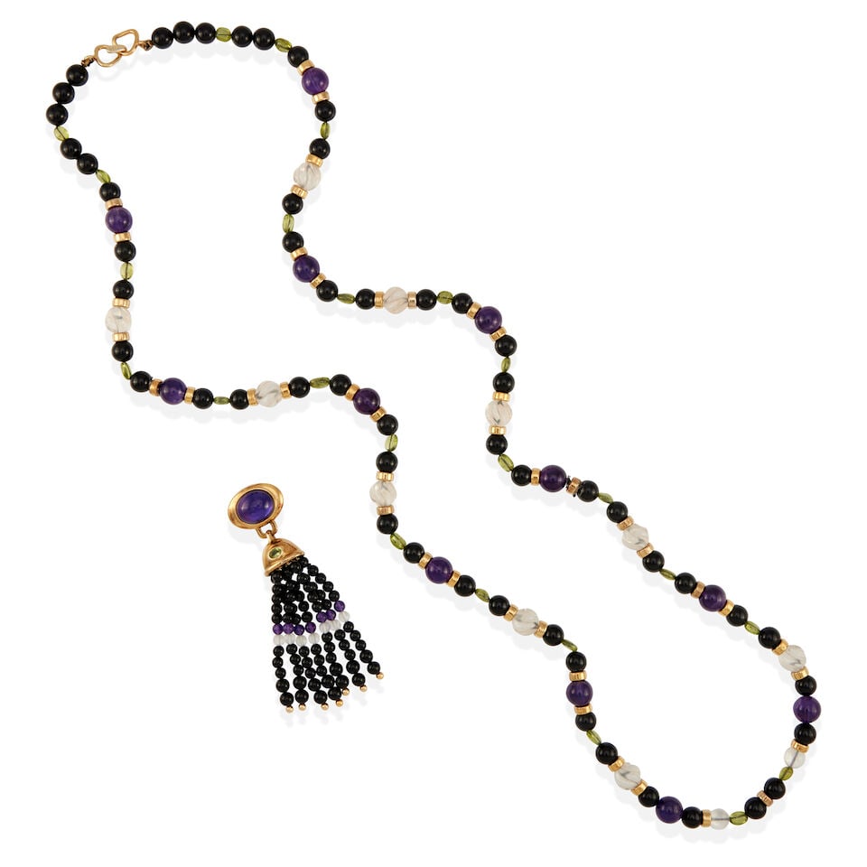 GEM-SET BEADED NECKLACE AND PENDANT: GEM-SET BEADED NECKLACE AND PENDANT • One 8K gold plated silver necklace with numerous onyx, amethyst, quartz, and peridot beads measuring from 5.03mm to 8.41mm in diameter, with numerous 6K