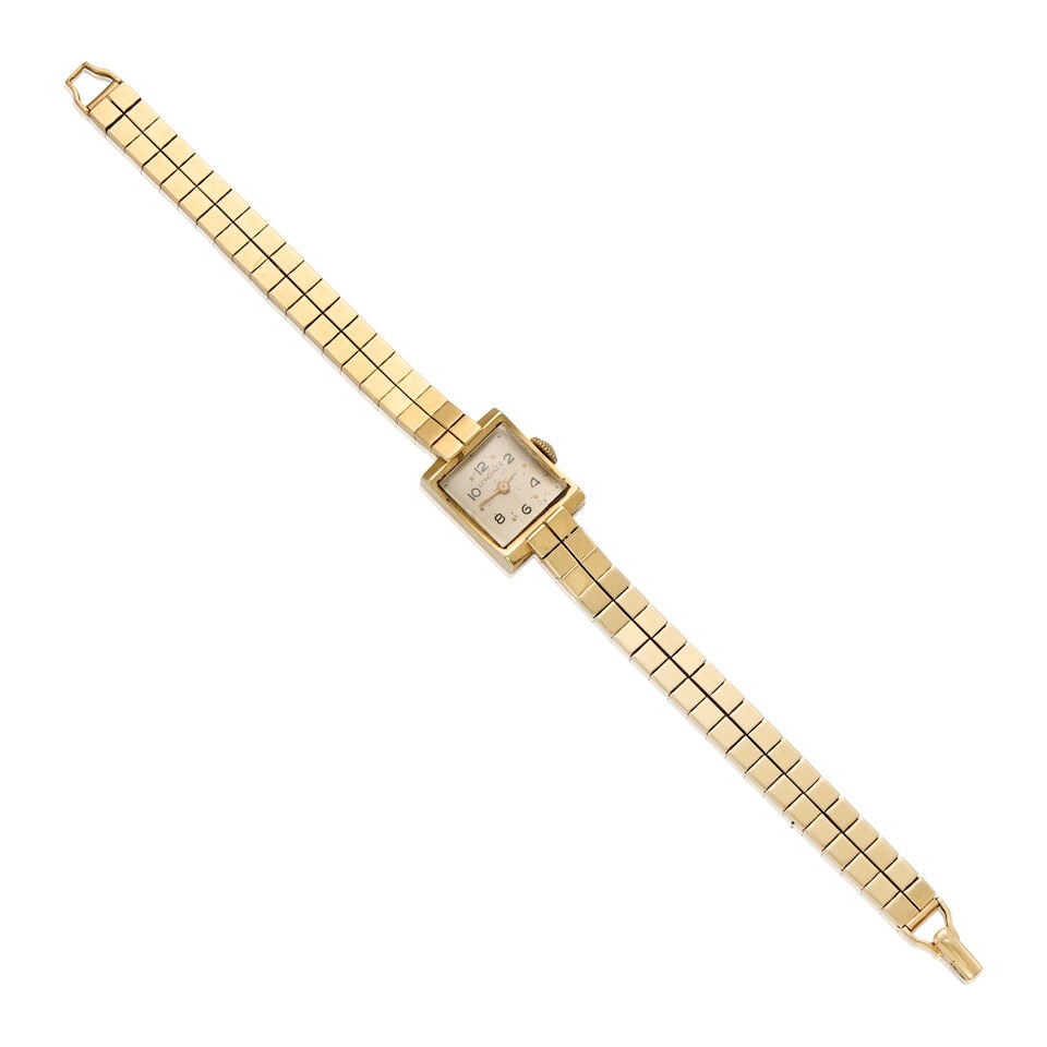 LONGINES: 14K GOLD WATCH: LONGINES: 14K GOLD WATCH • 14K gold watch case and bracelet • Signed LONGINES on the dial • Automatic movement currently not running • Case length: 12.56 mm • Length: 7