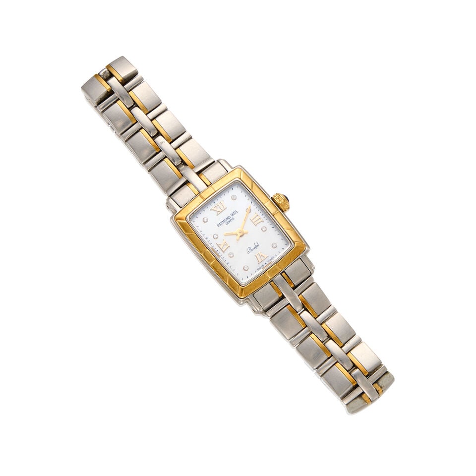RAYMOND WEIL: A TWO-TONE STAINLESS STEEL 'PARSIFAL' WRISTWATCH: RAYMOND WEIL: A TWO-TONE STAINLESS STEEL 'PARSIFAL' WRISTWATCH • Stainless steel and gold-plated wristwatch • One rectangular mother of pearl on the dial • One round cabochon shaped