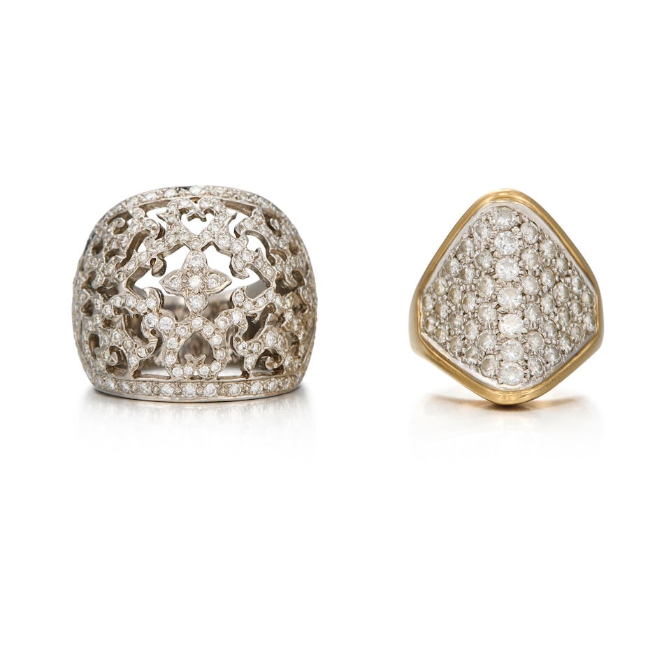 TWO GOLD AND DIAMOND RINGS: TWO GOLD AND DIAMOND RINGS • One 14K yellow gold ring with numerous round brilliant cut diamonds weighing approximately 2.35 carats total, size 5 3/4 • One 18K white gold ring with