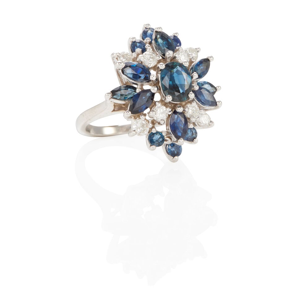 14K WHITE GOLD, DIAMOND AND SAPPHIRE RING - 2