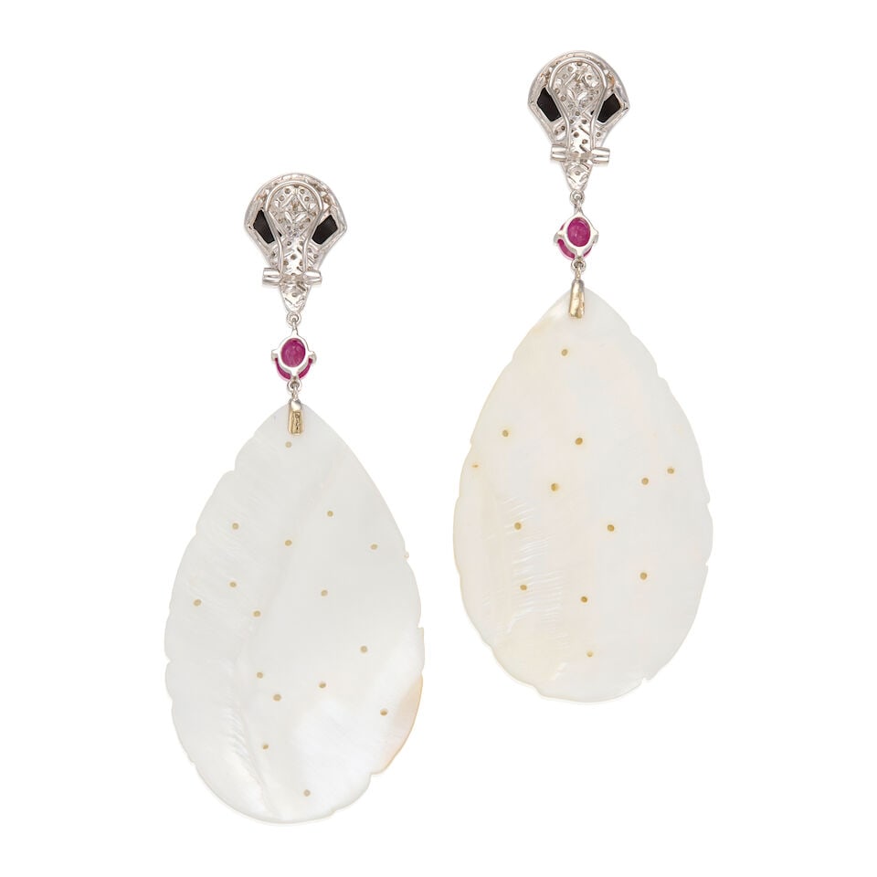 18K WHITE GOLD, MOTHER OF PEARL, RUBY, ONYX, AND DIAMOND EARRINGS - 2