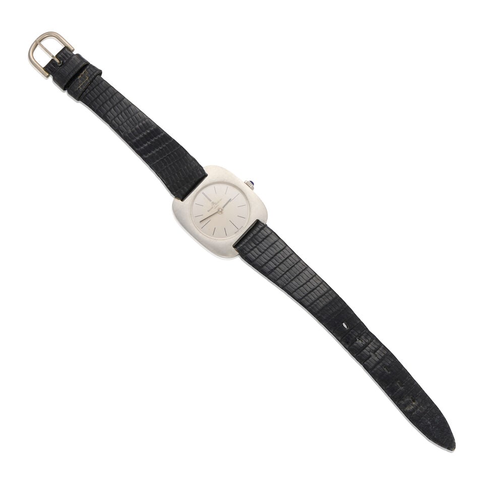 BAUME & MERCIER: A METAL WRISTWATCH: BAUME & MERCIER: A METAL WRISTWATCH • Metal watch case and lizard strap bracelet • Signed BAUME & MERCIER on the dial • Manuel movement currently running • Case length: 19.28