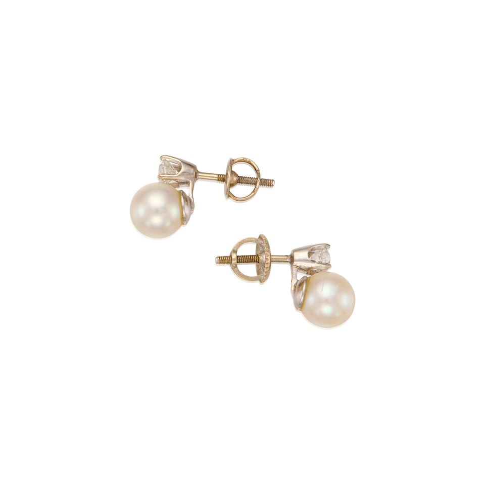 14K WHITE GOLD, CULTURED PEARL, AND DIAMOND EARRINGS - 2