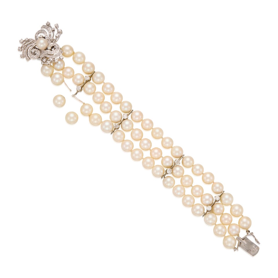 WHITE GOLD, CULTURED PEARL AND DIAMOND BRACELET: WHITE GOLD, CULTURED PEARL AND DIAMOND BRACELET • 14K and 8K white gold • Three rows of cultured pearls measuring approximately 7.97mm to 8.10mm in diameter • Numerous round single c