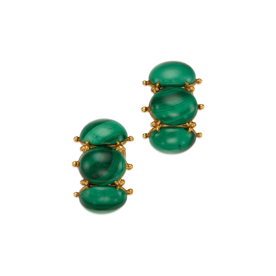 15K YELLOW GOLD AND MALACHITE EARRINGS: 15K YELLOW GOLD AND MALACHITE EARRINGS • Six cabochon malachite measuring approximately 13.29mm x 10.58mm x 4.75mm • Measures 7/8 in. x 5/8 in. • Estimated gross weight: 13.5