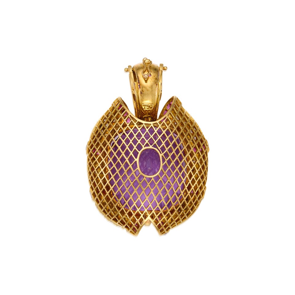 18K YELLOW GOLD, AMETHYST, DIAMOND AND SAPPHIRE PENDANT - 2