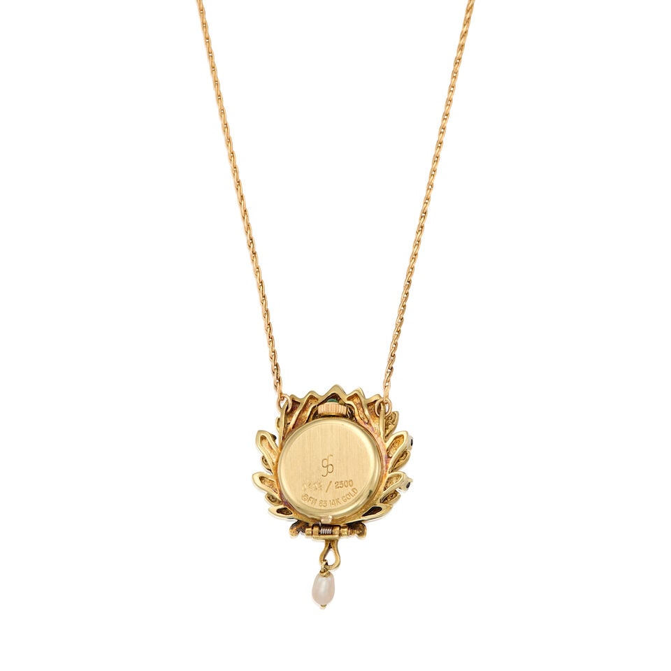 IGOR CARL FABERGE FOR FRANKLIN MINT: A 14K GOLD AND GEMSTONE WATCH NECKLACE - 2