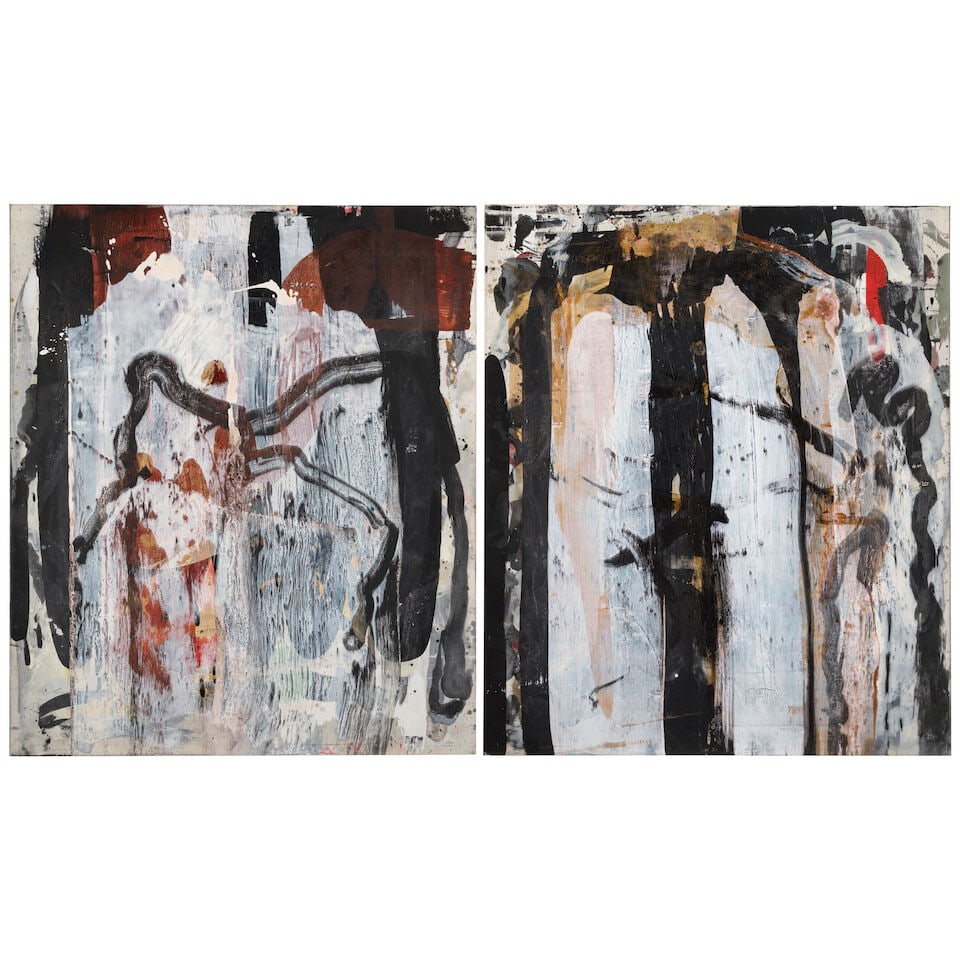 ED MOSES (1926-2018) Vinca-Site each: 78 x 66 1/4 in (198.1 x 168.3 cm)overall: 78 x 132 1/2 in ...: ED MOSES (1926-2018) Vinca-Site left: inscribed 'Panel #1 Vinca-Site 1' (on the overlap); inscribed '1' (on the right profile edge) right: signed, inscribed and dated 'vinca site EM3 89 PANEL II' (on 