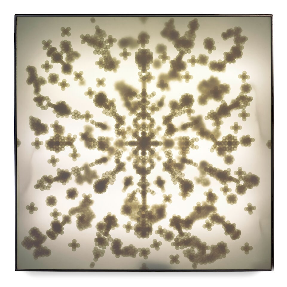TARA DONOVAN (B. 1969) Untitled 42 x 42 x 4 in (106.7 x 106.7 x 10.2 cm) (Executed in 2004): TARA DONOVAN (B. 1969) Untitled mylar stickers and lightbox 42 x 42 x 4 in (106.7 x 106.7 x 10.2 cm) Executed in 2004 Footnotes: Provenance Ace Gallery, Los Angeles. Collection of Susan Stockel, Los
