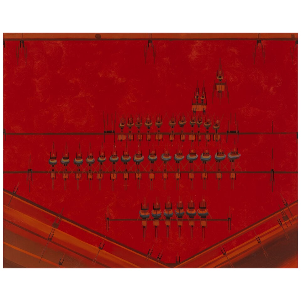 LEE MULLICAN (1919-1998) Dance of the Elders 39 3/4 x 49 3/4 in (101 x 126.4 cm) (Painted in 1971): LEE MULLICAN (1919-1998) Dance of the Elders signed, inscribed and dated 'Lee Mullican 1971 Venice' (on the reverse) oil on canvas 39 3/4 x 49 3/4 in (101 x 126.4 cm) Painted in