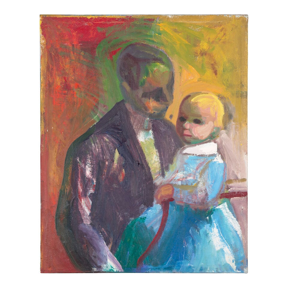 JAMES WEEKS (1922-1998) Man with a Child 27 1/2 x 22 in (69.9 x 55.9 cm) (Painted in 1962): JAMES WEEKS (1922-1998) Man with a Child signed and dated 'James Weeks 1962' (on the stretcher); inscribed and dated 'Man with a Child '62' (on an artist's label affixed to the stretcher) oil on