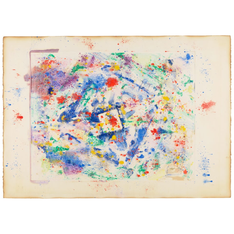SAM FRANCIS (1923-1994) Untiled (SFM81-106) 30 1/4 x 42 3/8 in (76.8 x 107.7 cm) (Executed in 1981): SAM FRANCIS (1923-1994) Untiled (SFM81-106) stamped with the 'Sam Francis Estate' and 'Sam Francis' facsimile signature stamps (verso) unique monotype with woodcut, oil, dry pigment, watercolor and in