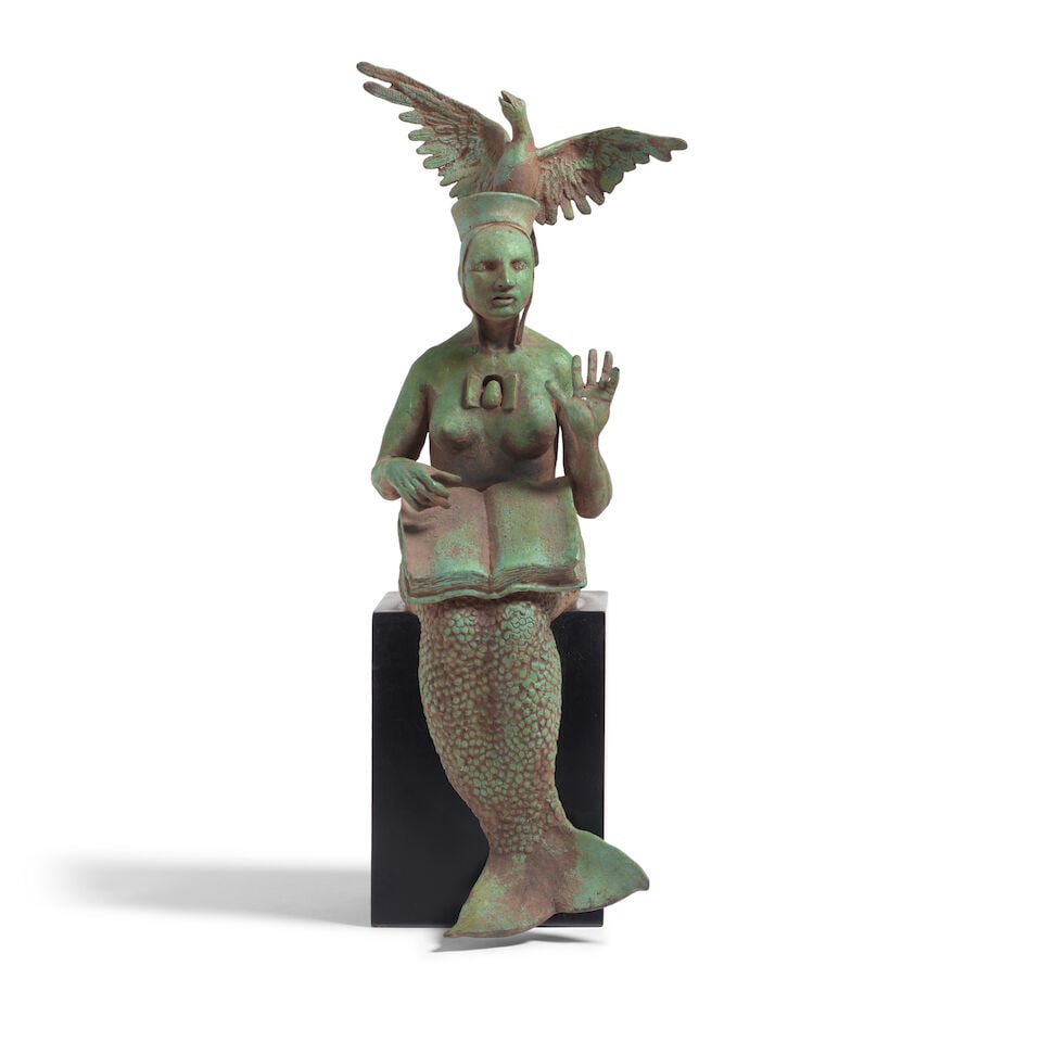 JORGE MARIN (B. 1963) Sirena con Pajaro 15 1/2 x 4 3/4 x 5 1/2 in (39.4 x 12.1 x 14 cm) (This wo...: JORGE MARIN (B. 1963) Sirena con Pajaro signed and inscribed 'JORGE MARIN P/A' (on the right shoulder) bronze on painted wood base 15 1/2 x 4 3/4 x 5 1/2 in (39.4 x 12.1 x 14 cm) This work is an