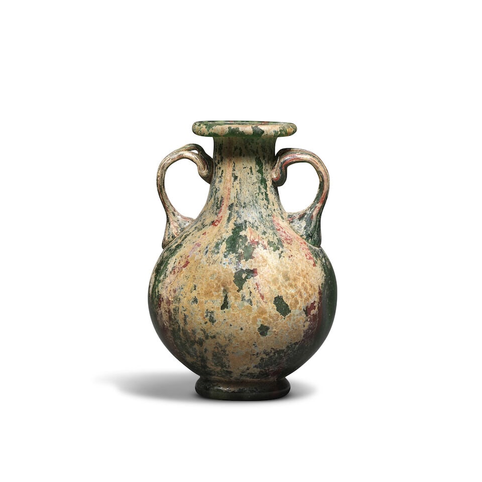 A Roman fused mosaic and blown glass amphora of green, red, yellow and white glass - 2