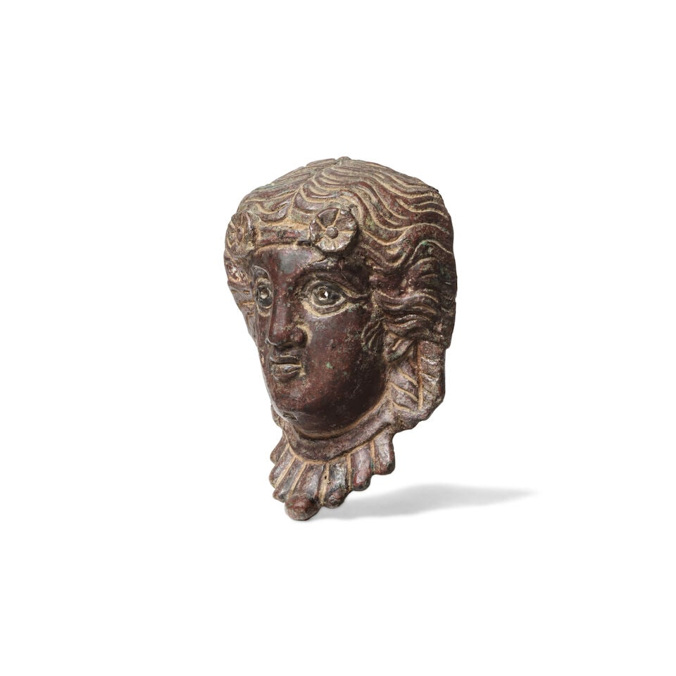A Roman bronze appliqué head of a maenad with rosettes in her hair - 2