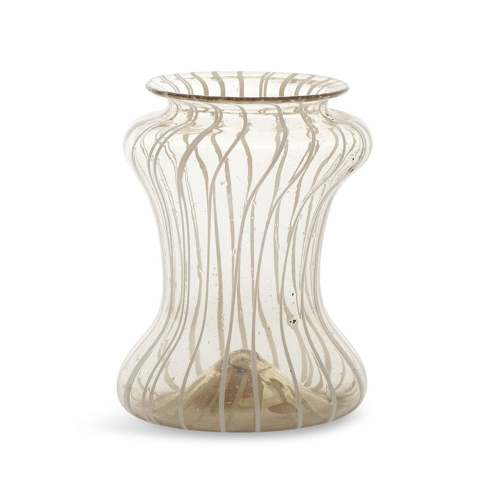 A façon de Venise latticinio albarello or pharmacy jar, probably Spanish (Catalan), late 16...: A façon de Venise latticinio albarello or pharmacy jar, probably Spanish (Catalan), late 16th or early 17th century Of straw tint and typical dumbbell form with an everted rim, decorated in vetro