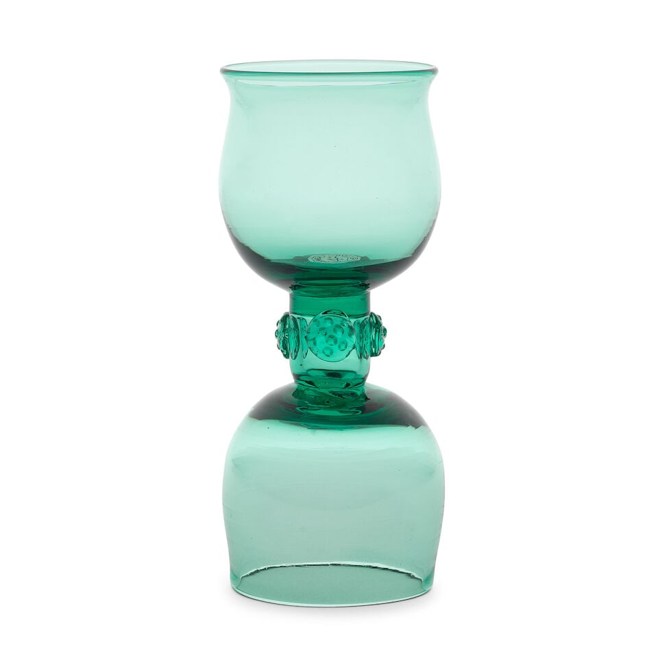 A rare and unusual green tinted double-ended wine glass, circa 1760-70: A rare and unusual green tinted double-ended wine glass, circa 1760-70 Of 'roemer' type in light green glass, with two opposing cup-shaped bowls, one of plain shape and the other lipped, joined by a