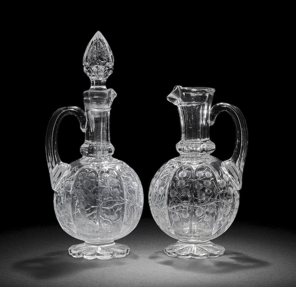 A Stevens and Williams 'rock crystal' ewer and a spirit decanter and stopper attributed to John ... (1 of 1)