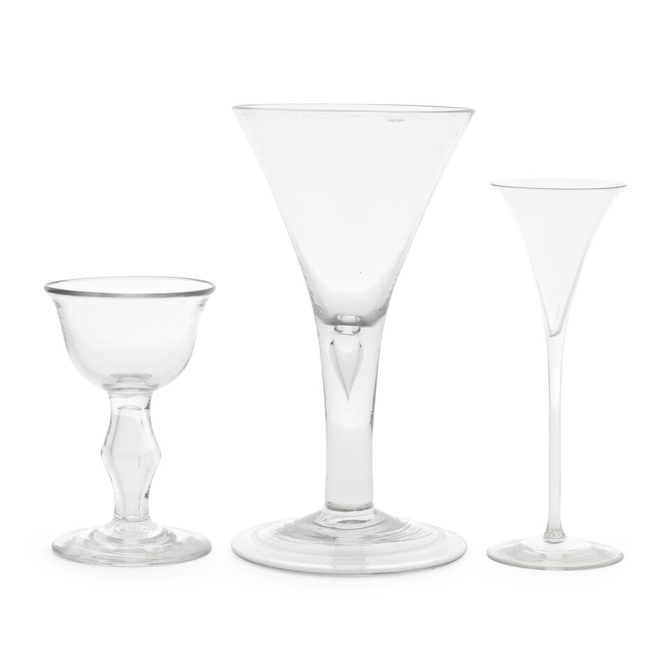 A large plain-stem goblet, a toasting glass, and a hollow-stem 'excise' sweetmeat or champagne g... (1 of 1)