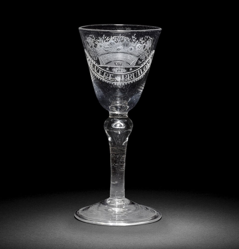 A Dutch engraved light baluster wedding anniversary wine glass, circa 1750 (1 of 1)
