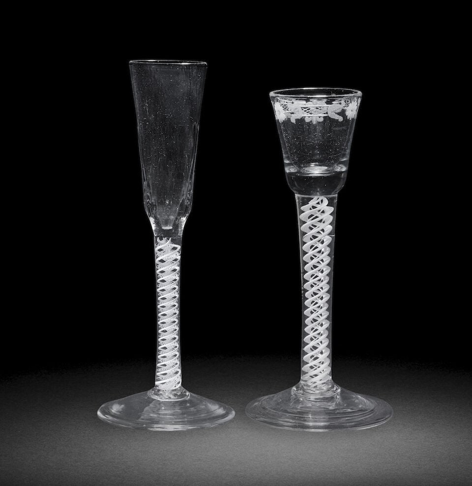 An engraved opaque twist cordial glass and a ratafia glass, circa 1765 (1 of 1)