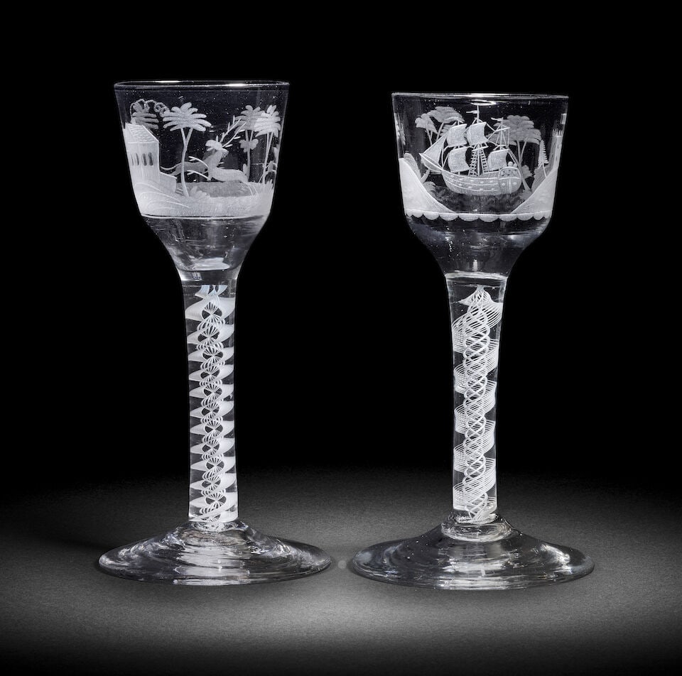 Two engraved opaque twist wine glasses, circa 1765 (1 of 1)