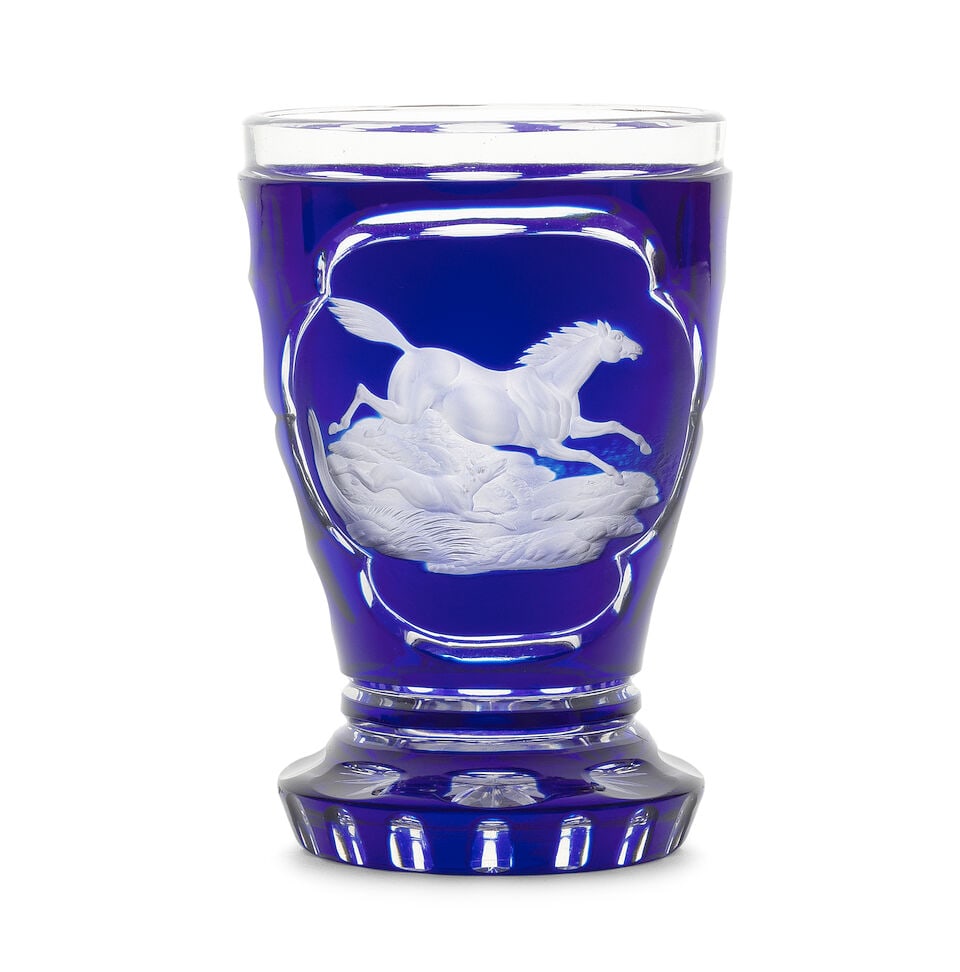 A fine Bohemian engraved blue overlay beaker attributed to Karl Pfohl, Steinschönau, circa ... (1 of 1)