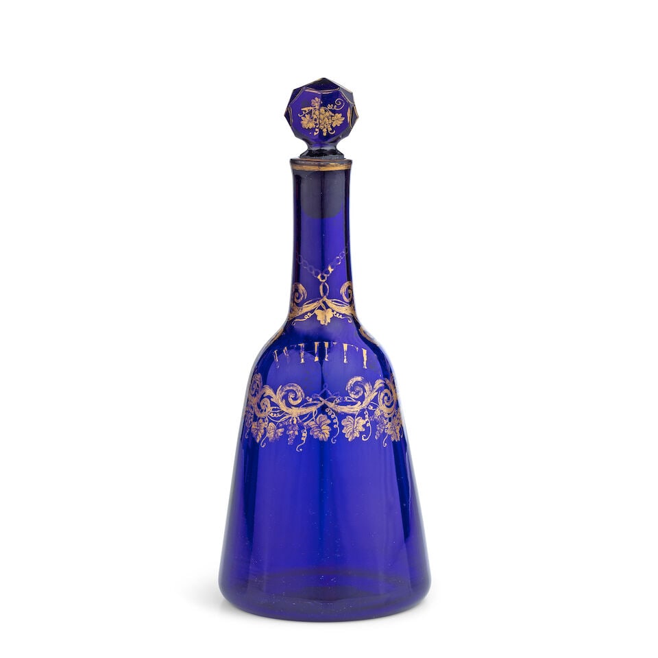 A rare gilded blue glass White Wine decanter and stopper, circa 1770-75 (1 of 1)