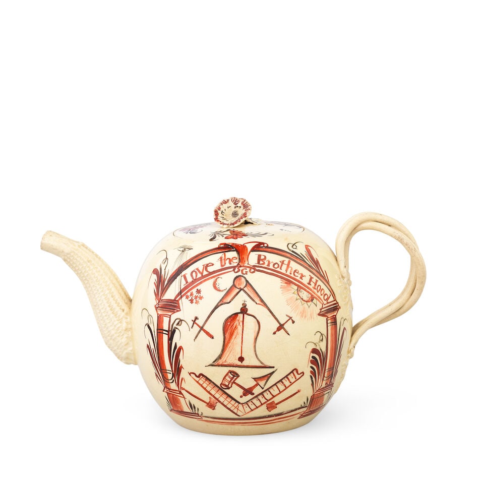 A Masonic creamware teapot and cover, circa 1770 (1 of 3)