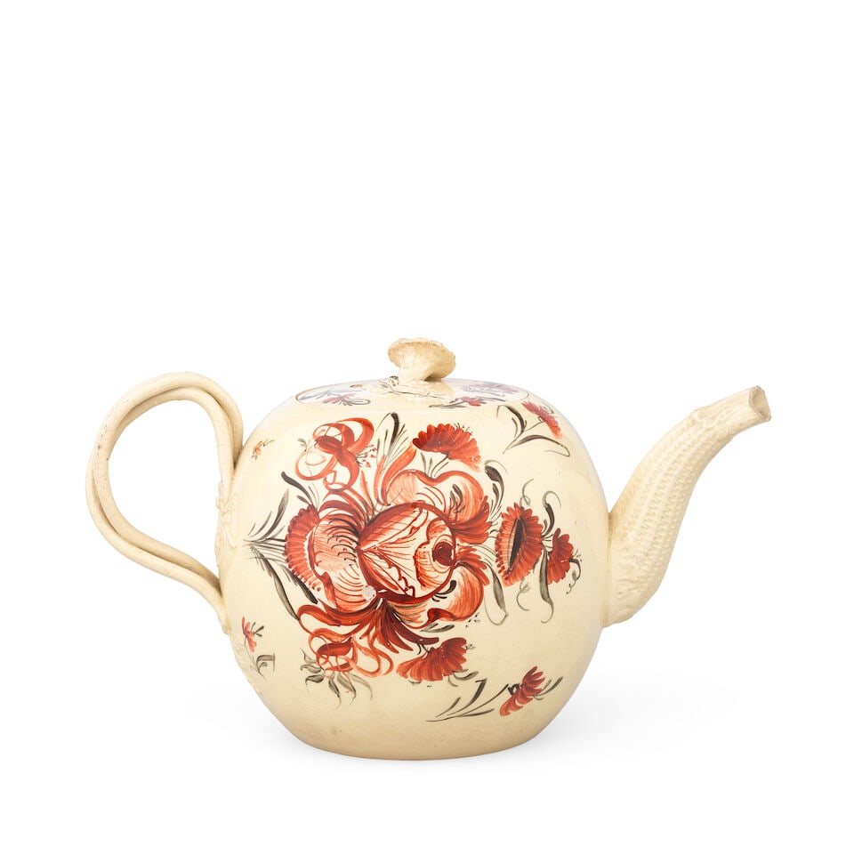 A Masonic creamware teapot and cover, circa 1770 - 3