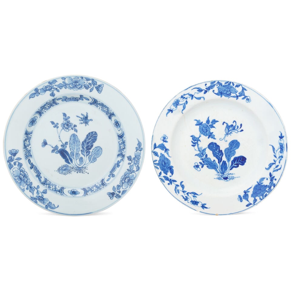 A Bow plate, circa 1760, and its Chinese prototype, mid-18th century: A Bow plate, circa 1760, and its Chinese prototype, mid-18th century The first painted in vibrant 'sticky' blue with an insect in flight above a flowering plant, 22.7cm diam, incised crossed lines mar