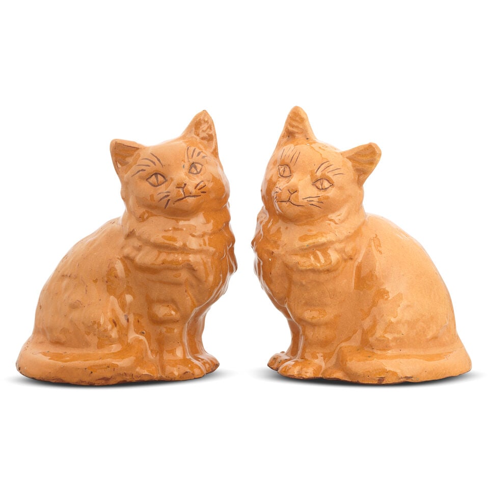 A good pair of Ewenny (Clay Pits) slipware models of cats, circa 1900 (1 of 2)
