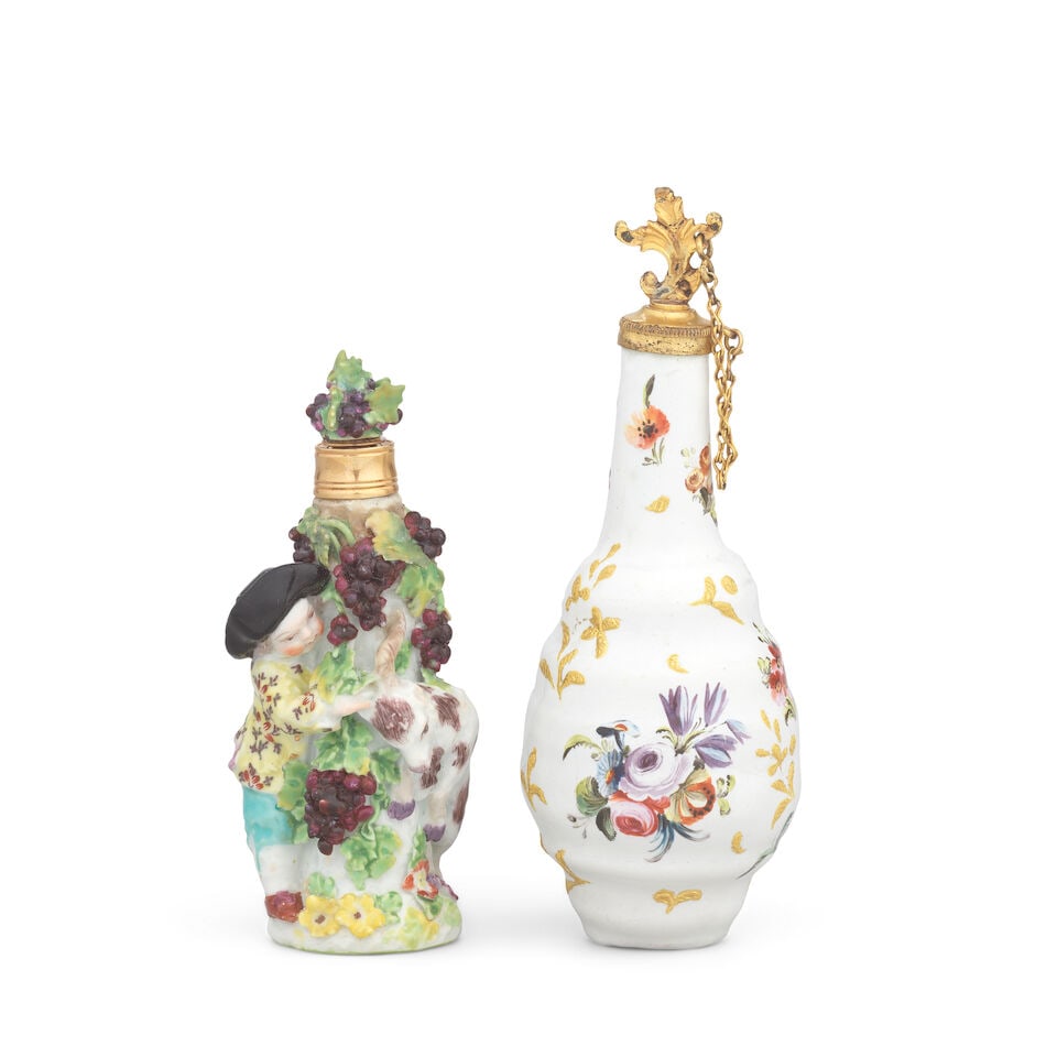 A Chelsea scent bottle and stopper and a South Staffordshire enamel scent bottle and stopper, ci... (1 of 2)