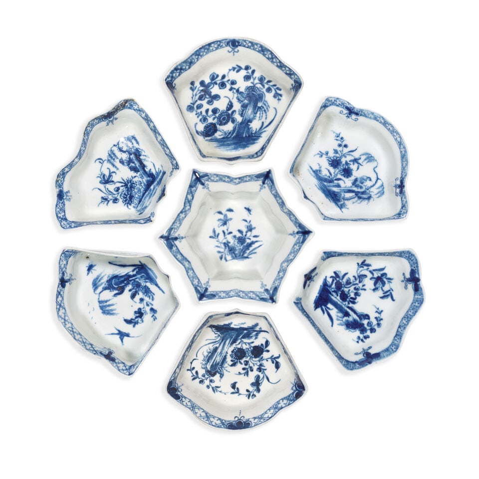 An assembled set of eight Worcester hors d'oeuvres dishes, circa 1758-62 (1 of 1)