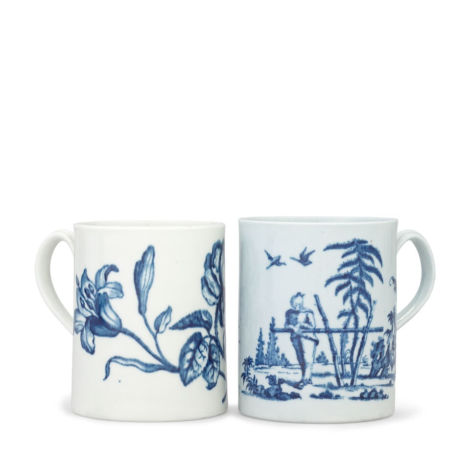 Two Worcester mugs, circa 1760-70: Two Worcester mugs, circa 1760-70 Of cylindrical shape with grooved handles, printed in underglaze blue, the first with the 'Man Leaning on a Fence' pattern, a Chinese gentleman resting on a simple