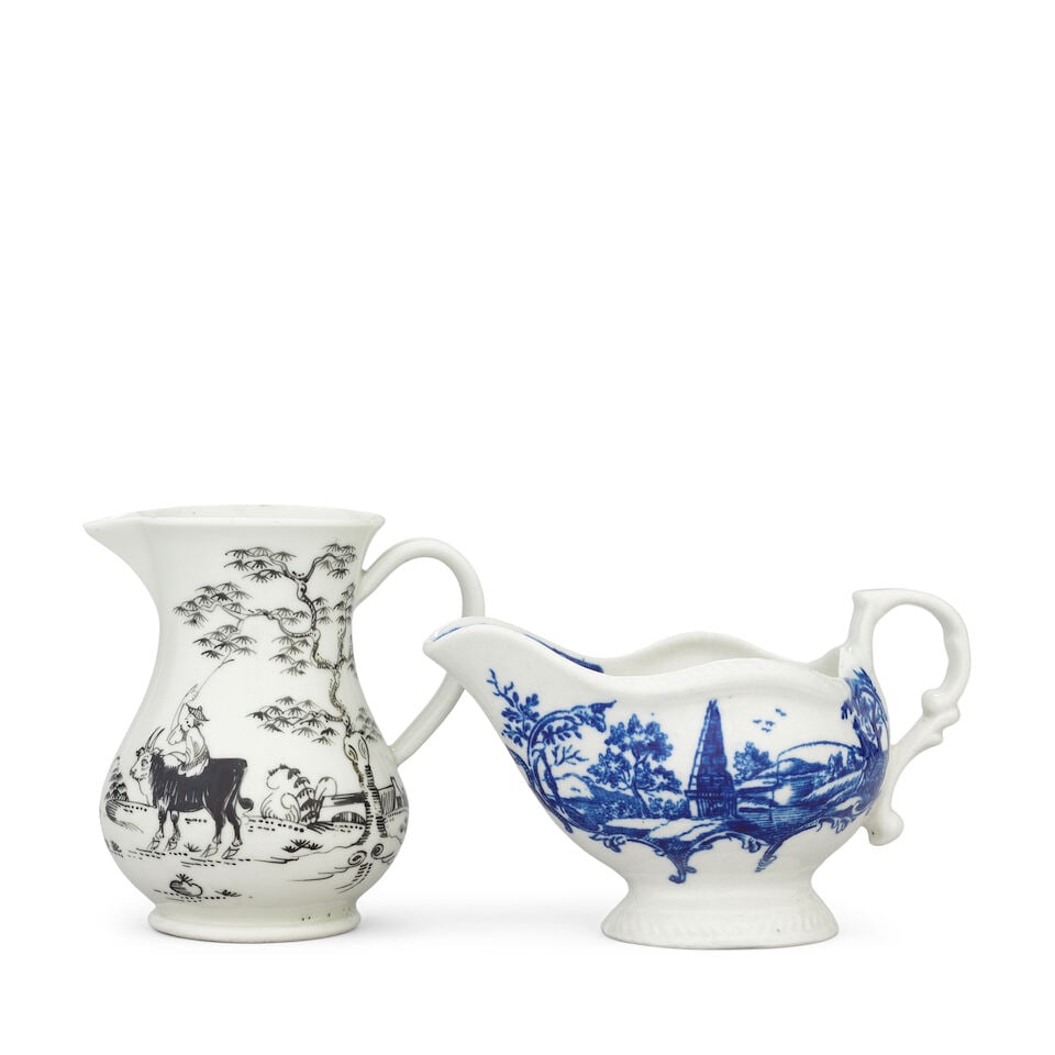 Two Worcester cream jugs, circa 1755-1780: Two Worcester cream jugs, circa 1755-1780 The sparrow beak jug of baluster form, neatly pencilled in black with the 'Boy on a Buffalo' pattern, 8cm high, workman's mark, the smaller ewer of 'Gadroon