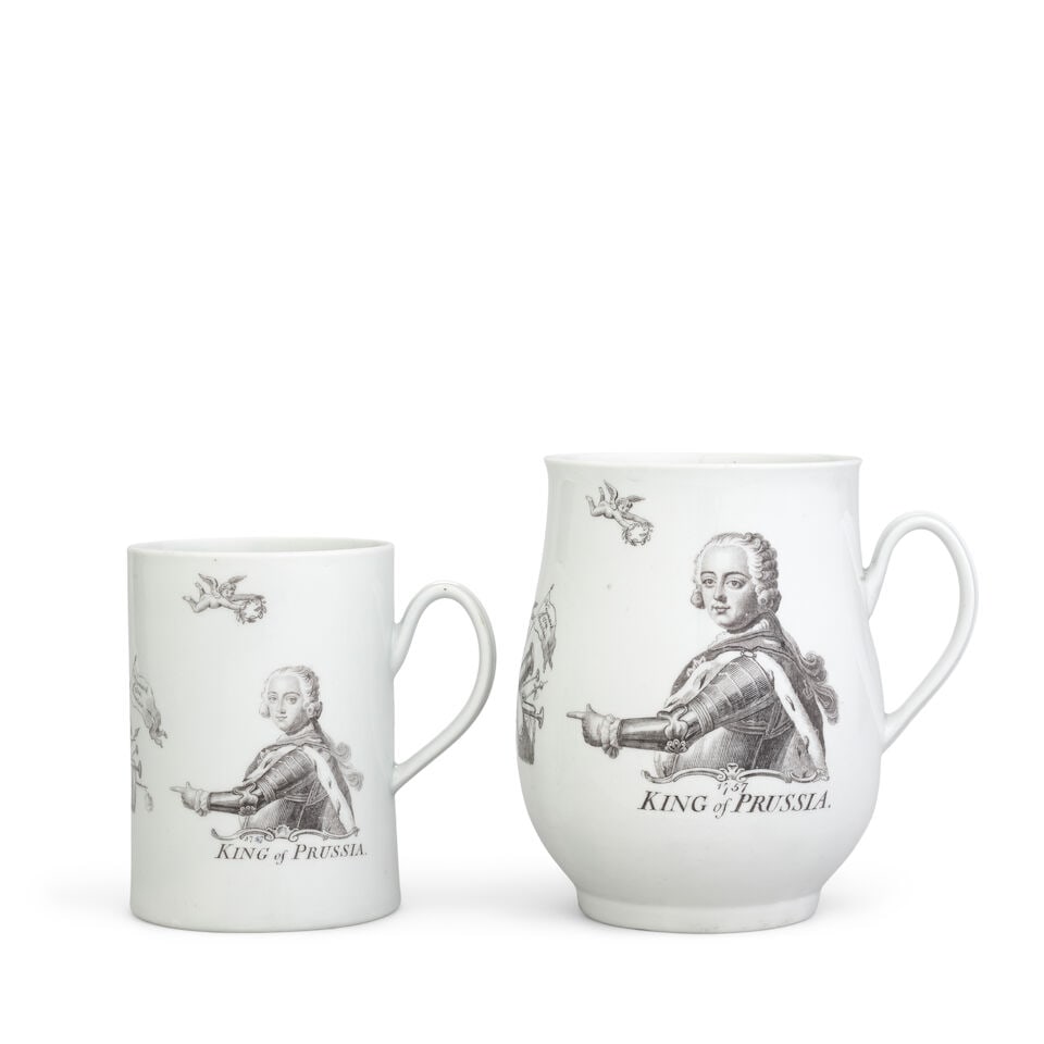 Two large Worcester mugs, circa 1757-60: Two large Worcester mugs, circa 1757-60 One example of generous baluster or bell shape, the second mug of cylindrical form, both printed in black with a half-length portrait of Frederick the Great,