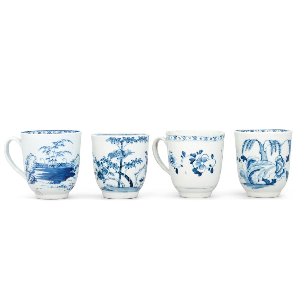 Four Liverpool (Richard Chaffers) coffee cups, circa 1756-62: Four Liverpool (Richard Chaffers) coffee cups, circa 1756-62 Of gently tapering profile, with grooved handles, one finely painted with a bird perched on bamboo, another with the 'Wire Fence' pattern,
