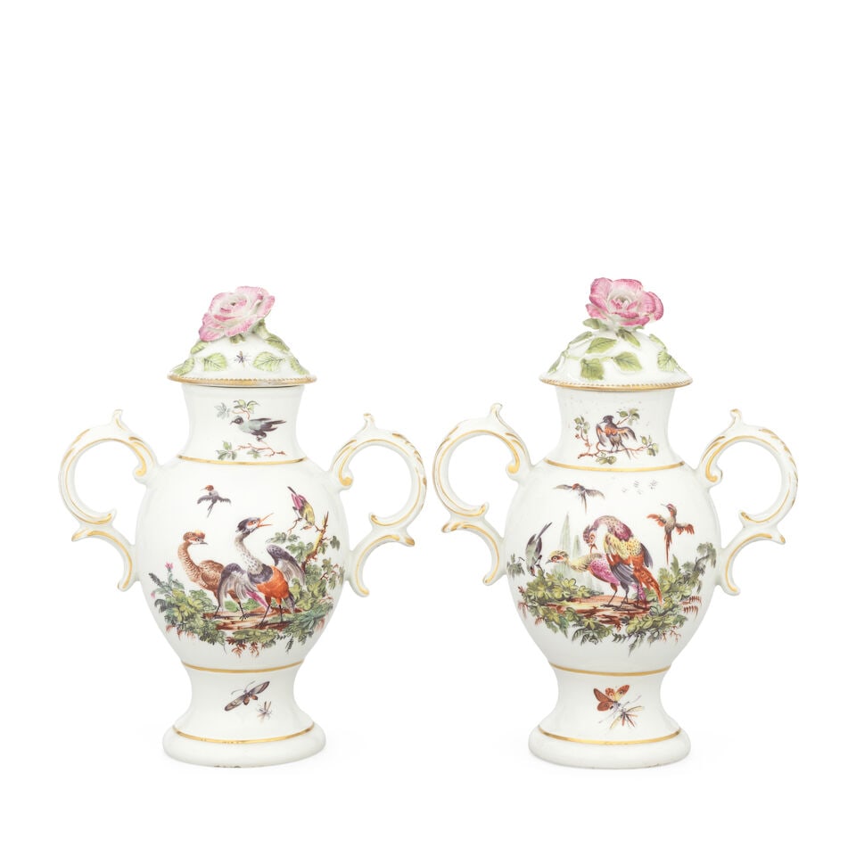 A pair of Derby vases and covers, circa 1765 - 2