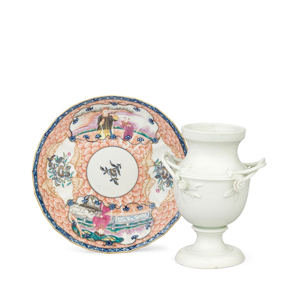 An unusual Worcester saucer dish and a vase, circa 1765-75: An unusual Worcester saucer dish and a vase, circa 1765-75 The faceted saucer dish with underglaze blue border and panels finely enamelled and gilt in famille rose style with Chinese figures on
