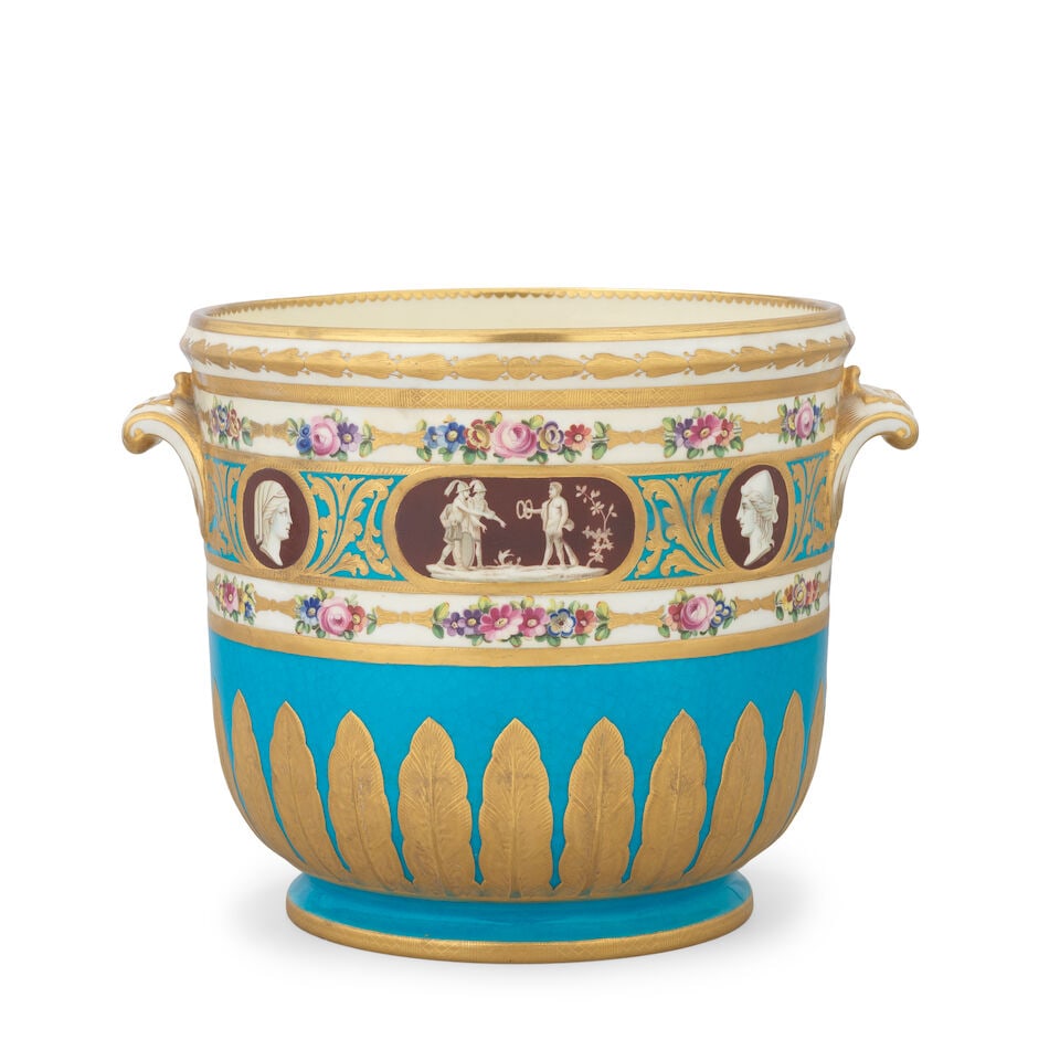 A Minton Catherine the Great Service pattern bottle cooler by Henri Boullemier, circa 1900: A Minton Catherine the Great Service pattern bottle cooler by Henri Boullemier, circa 1900 Based on the original Sèvres service made for Catherine the Great, of U-shape with scrolled handles pick