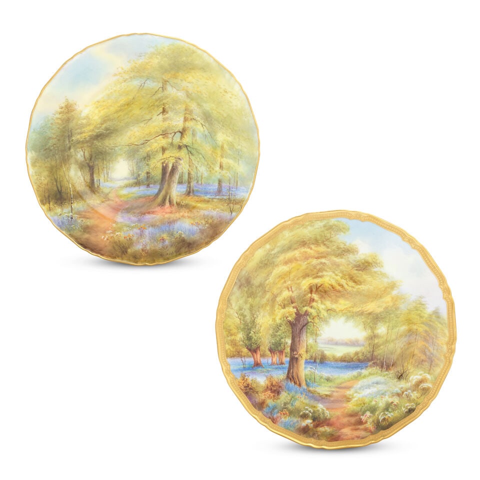 Two Royal Worcester cabinet plates by Raymond Rushton, dated 1935 and 1938: Two Royal Worcester cabinet plates by Raymond Rushton, dated 1935 and 1938 Of gently lobed shape, fully painted with bluebells in woodland, the larger of the two with an 'acid gold' border and titled