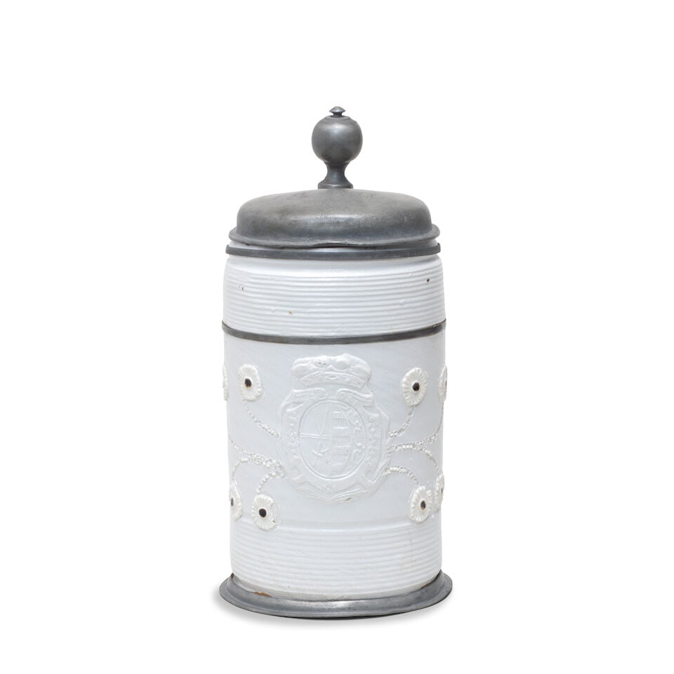 An Altenberg pewter-mounted stoneware armorial tankard, first half 18th century (1 of 2)