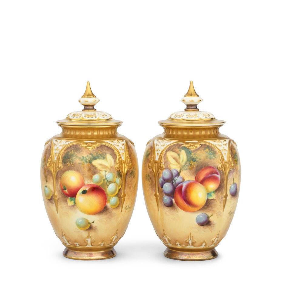 A pair of Royal Worcester 'Painted Fruit' pot pourri vases and covers by William Roberts, circa ...: A pair of Royal Worcester 'Painted Fruit' pot pourri vases and covers by William Roberts, circa 1960 Of shouldered ovoid form, moulded strapwork picked out in gold, painted with autumnal fruits includ