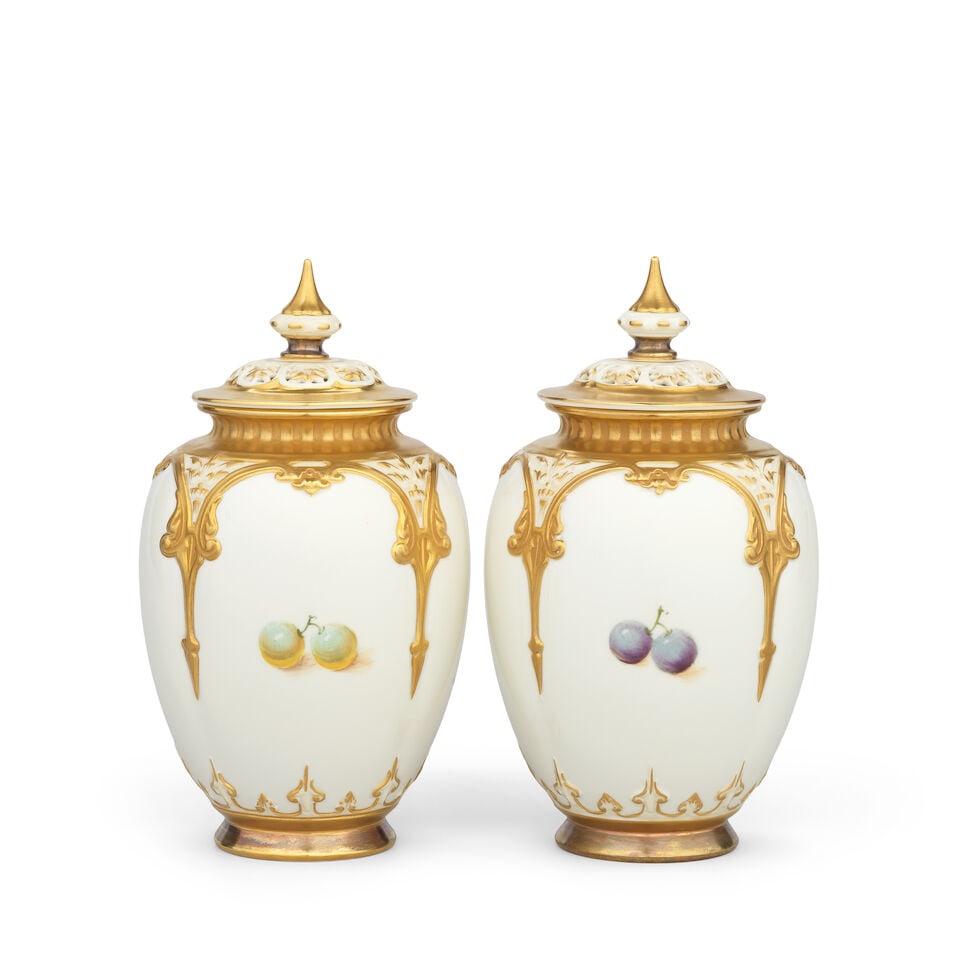 A pair of Royal Worcester 'Painted Fruit' pot pourri vases and covers by William Roberts, circa ... - 2