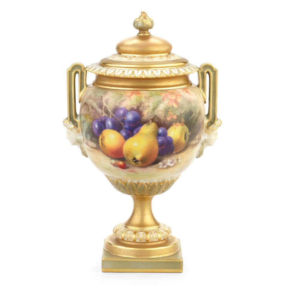 A Royal Worcester 'Painted Fruit' vase and cover by William Ricketts, dated 1911: A Royal Worcester 'Painted Fruit' vase and cover by William Ricketts, dated 1911 Of globular form, the twin handles with mask terminals, the round foot raised on a square plinth, painted with autumn
