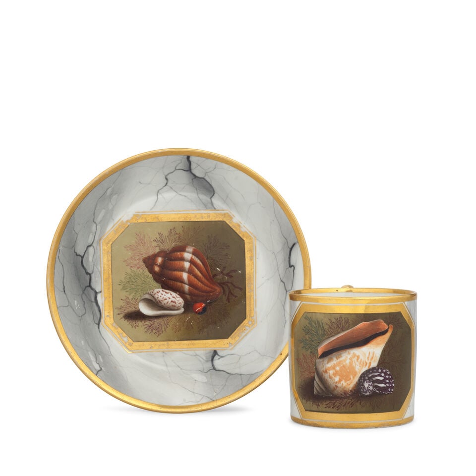 A Barr, Flight and Barr Worcester coffee can and saucer, circa 1810: A Barr, Flight and Barr Worcester coffee can and saucer, circa 1810 Finely painted with octagonal panels of shells and seaweed, probably by John Barker, reserved on a ground painted to simulate